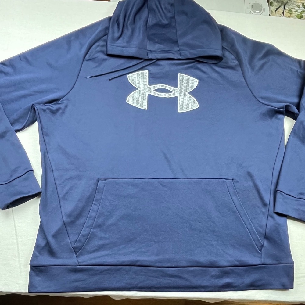 Under Armour Big Logo Hoodie Mens 2XL Navy Blue Fleece Pullover Sweatshirt Loose